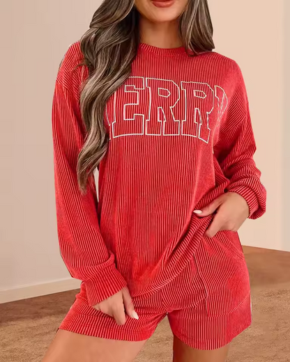 Women's MERRY Graphic Long Sleeve Top and Shorts Set Two Piece Set Loungewear Homewear for Christmas