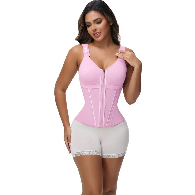 Women's Boned Latex Zipper Corset Tummy Control Body Shaper Vest With Bra