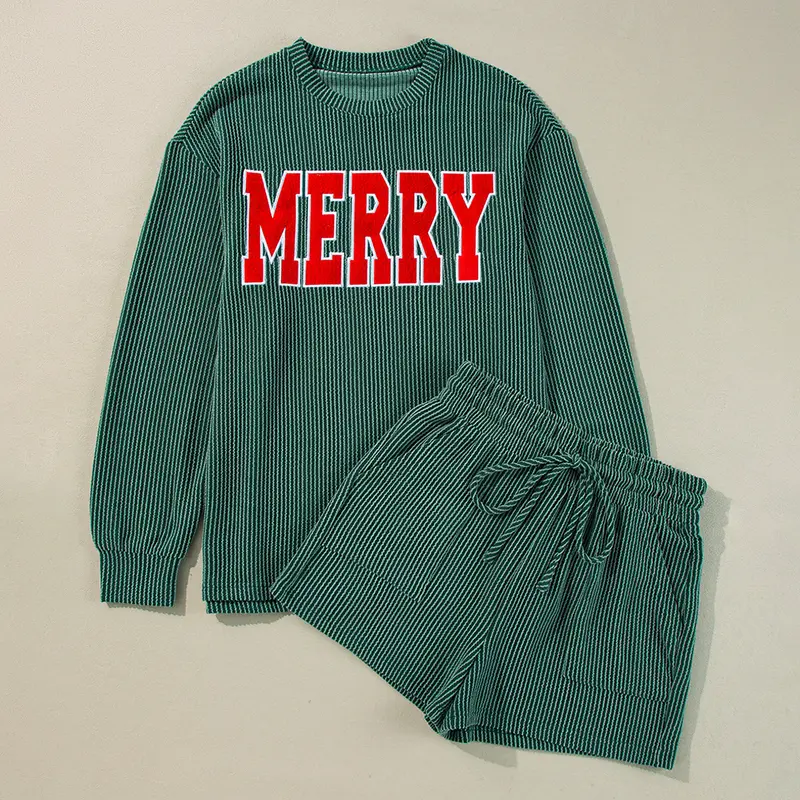 Women's MERRY Graphic Long Sleeve Top and Shorts Set Two Piece Set Loungewear Homewear for Christmas