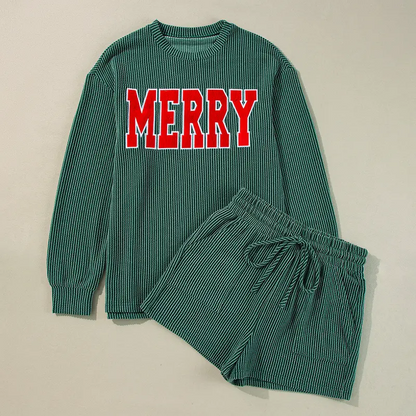 Women's MERRY Graphic Long Sleeve Top and Shorts Set Two Piece Set Loungewear Homewear for Christmas