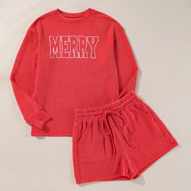 Women's MERRY Graphic Long Sleeve Top and Shorts Set Two Piece Set Loungewear Homewear for Christmas