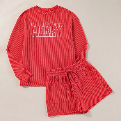 Women's MERRY Graphic Long Sleeve Top and Shorts Set Two Piece Set Loungewear Homewear for Christmas