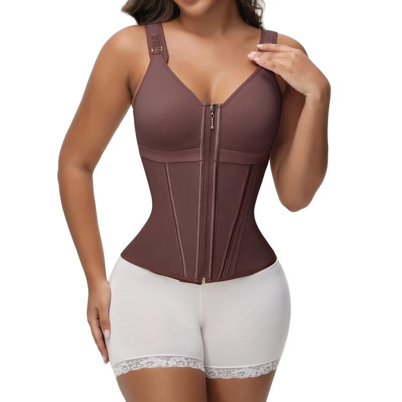 Women's Boned Latex Zipper Corset Tummy Control Body Shaper Vest With Bra